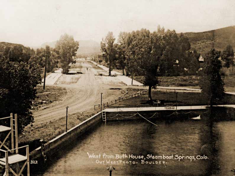 Historic photo of the pool looking down main street in Steamboat Springs.