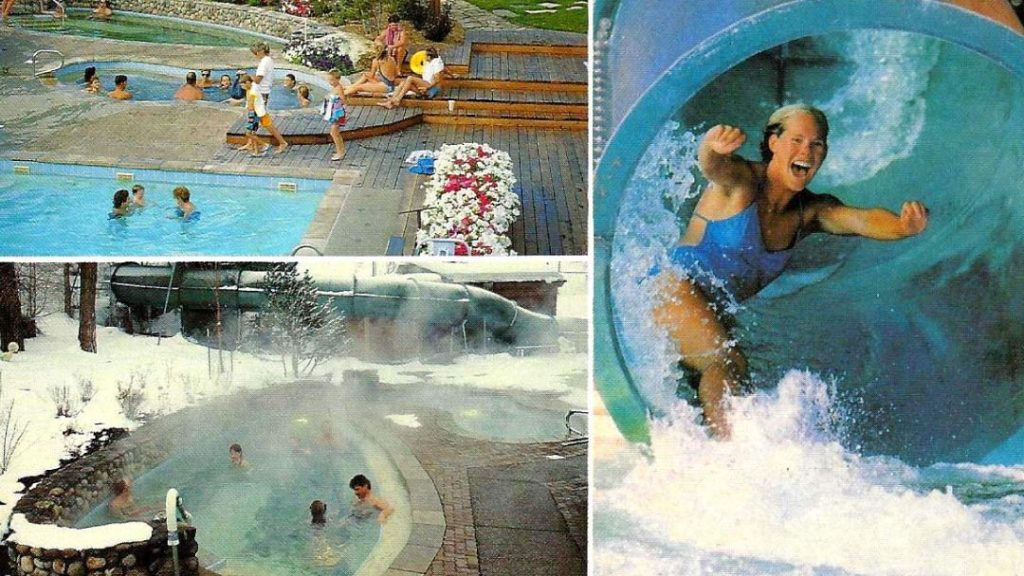 From from 1988 of women coming out to water slide and people enjoying the pools.