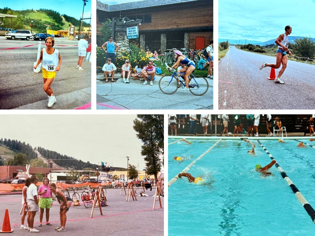 A photo collage from the Town Triathalon in the late 80s including swimmers, running, cycling.