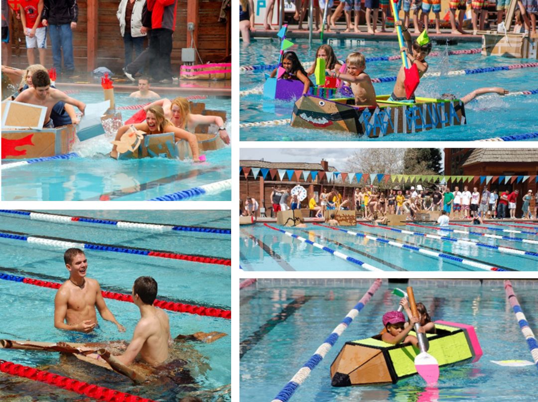 A photo collage of students competing in cardboard boat races across the lap pool during the Cardboard Classic event.