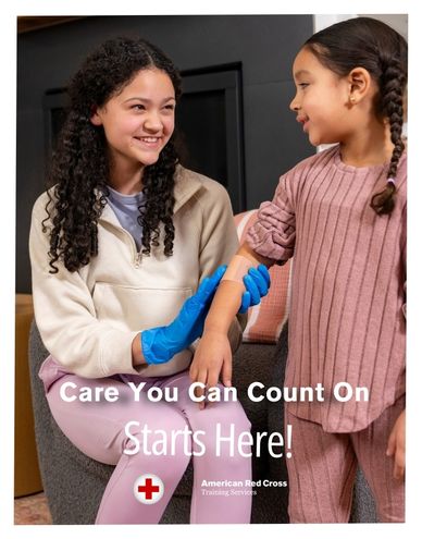 A young girl babysitter provides care to a young girl in a poster promoting Babyysitter Training program